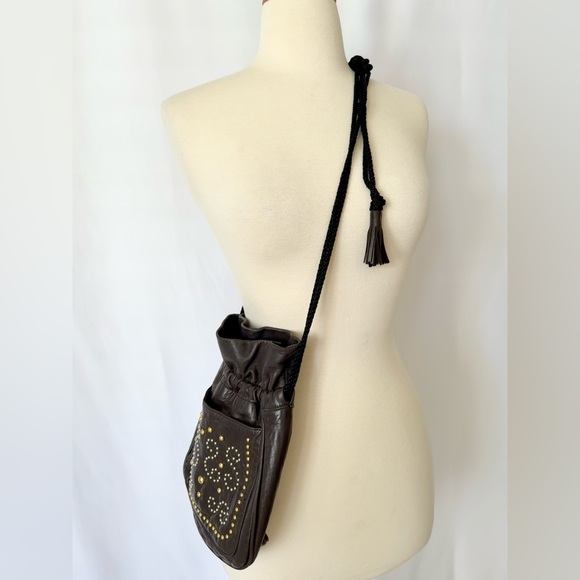 Yves Saint Laurent Vintage Brown Leather Studded Fringe Black Tie Handbag - Picture 3 of 15